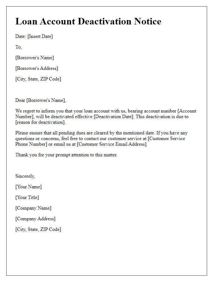 Letter template of loan account deactivation notice