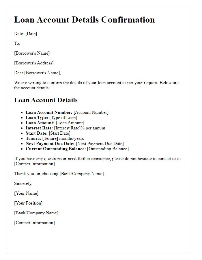 Letter template of loan account details confirmation