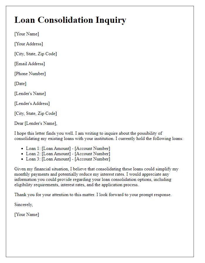 Letter template of loan consolidation inquiry