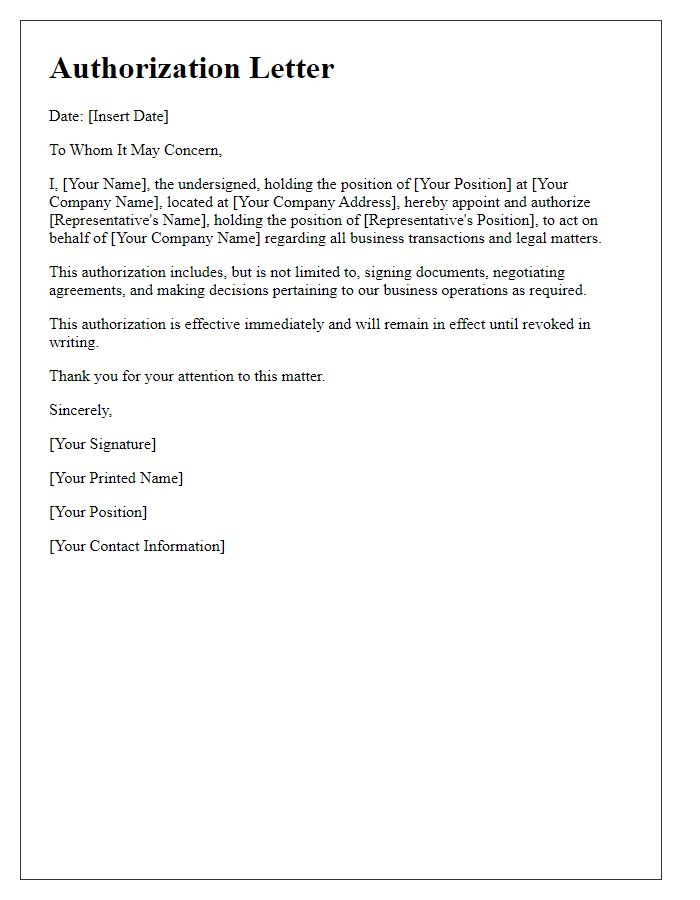 Letter template of legal representative authorization for business transactions