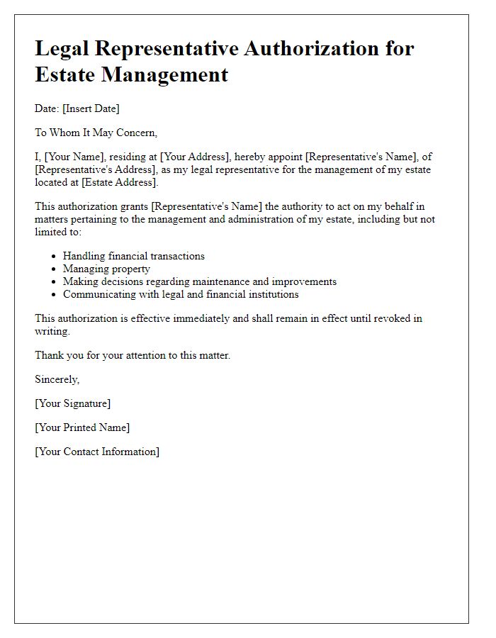 Letter template of legal representative authorization for estate management