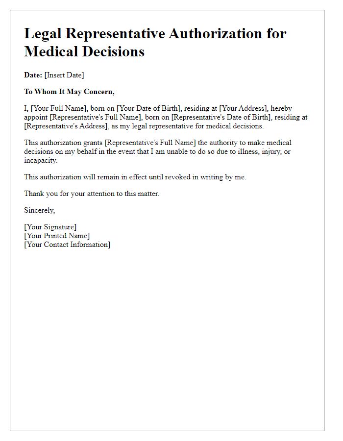 Letter template of legal representative authorization for medical decisions