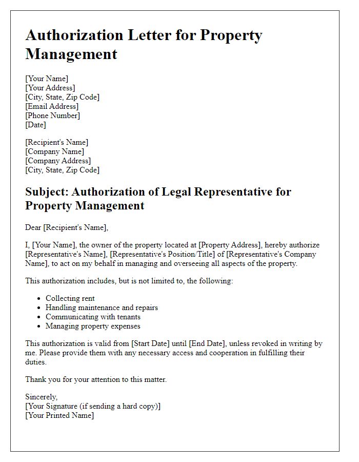 Letter template of legal representative authorization for property management