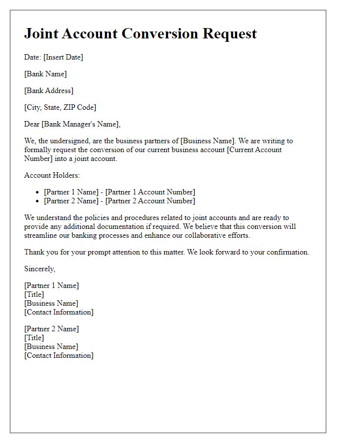 Letter template of joint account conversion for business partners