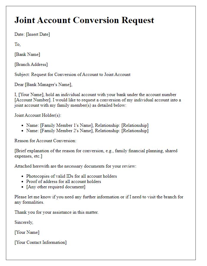 Letter template of joint account conversion for family members