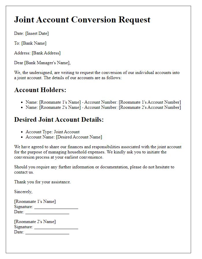 Letter template of joint account conversion for roommates