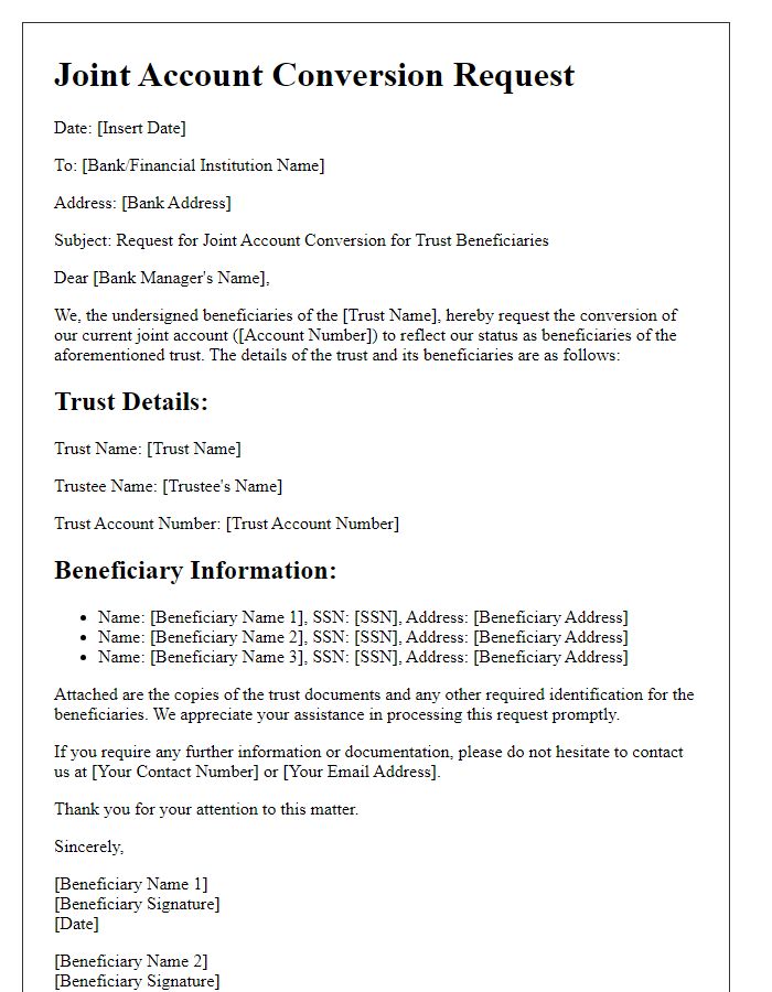 Letter template of joint account conversion for trust beneficiaries