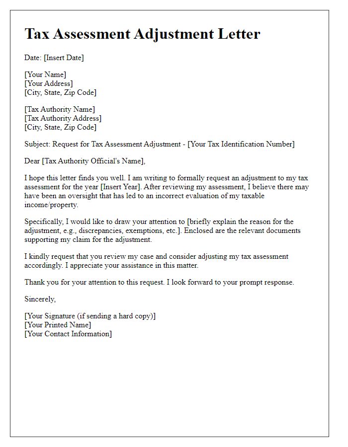 Letter template of tax assessment adjustment