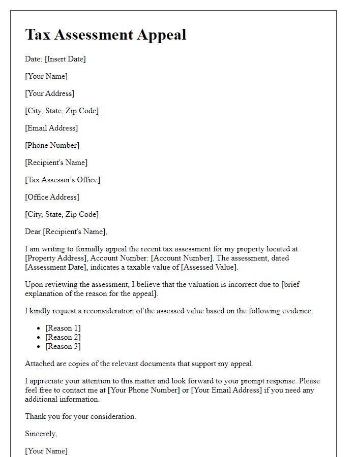 Letter template of tax assessment appeal