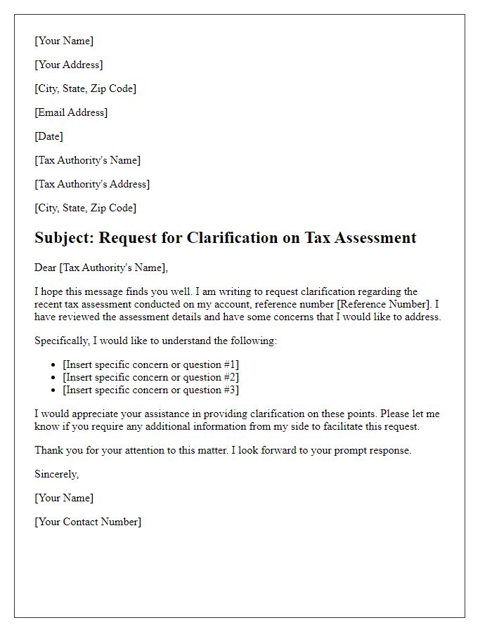 Letter template of tax assessment clarification request