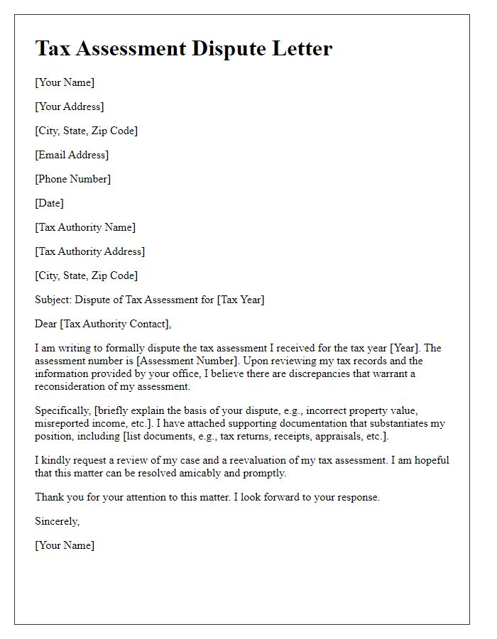 Letter template of tax assessment dispute