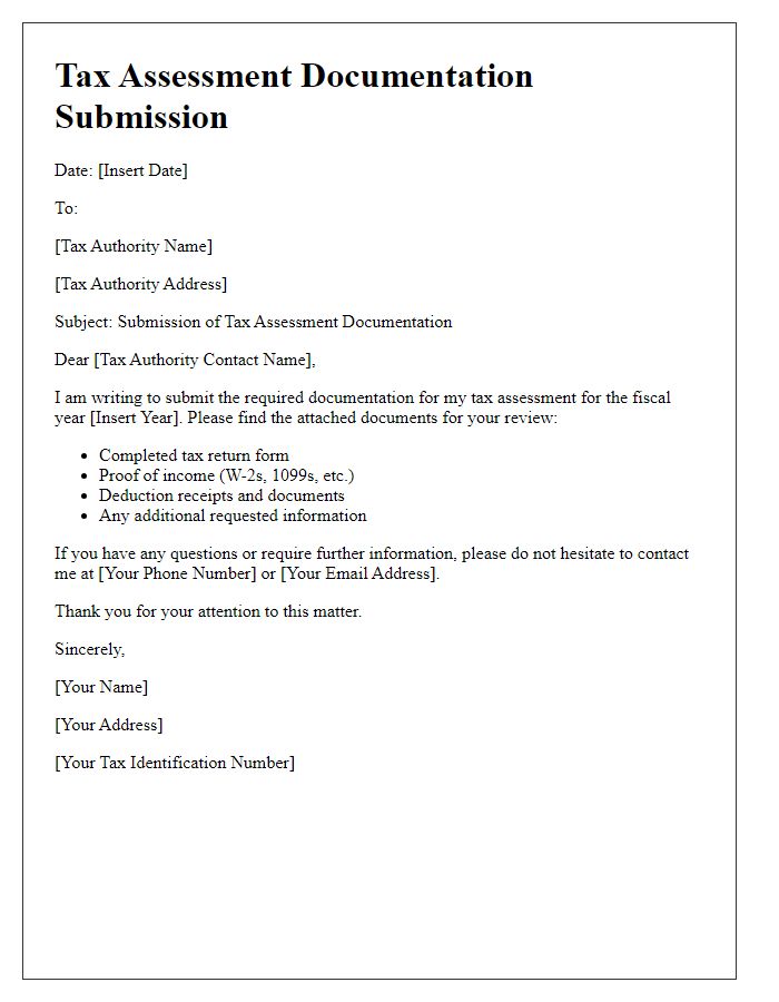 Letter template of tax assessment documentation submission