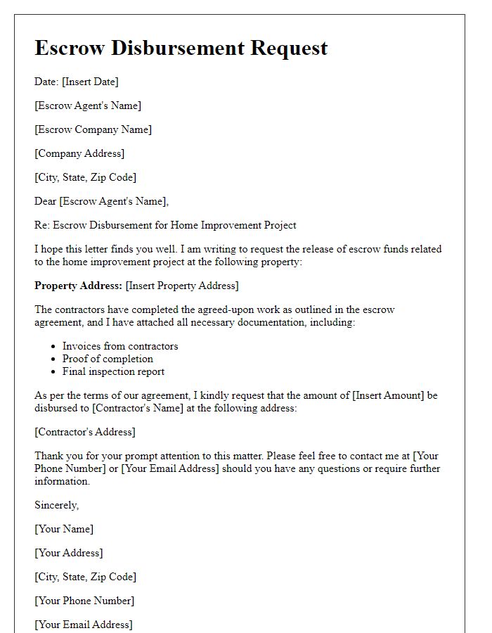 Letter template of escrow disbursement for home improvement projects.