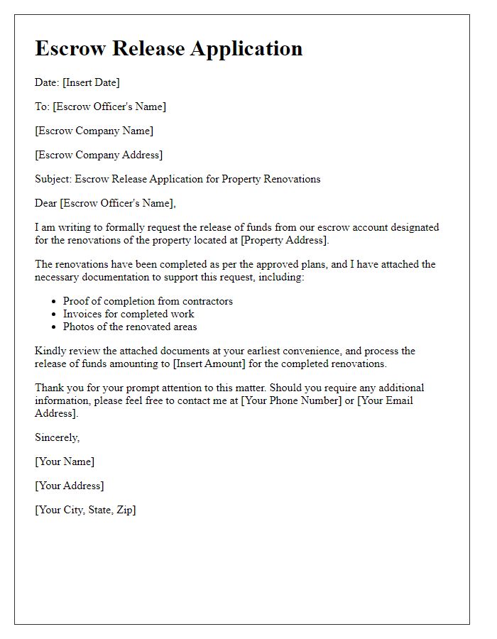 Letter template of escrow release application for property renovations.