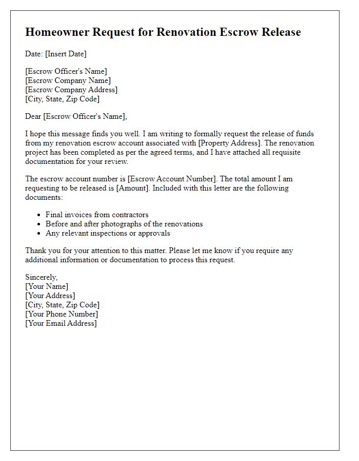 Letter template of homeowner request for renovation escrow release.