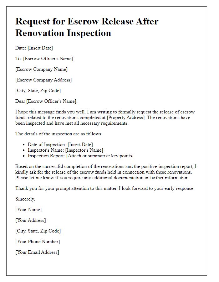 Letter template of request for escrow release after renovation inspection.