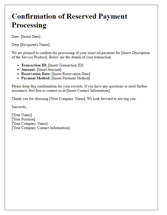 Letter template of confirmation for reserved payment processing