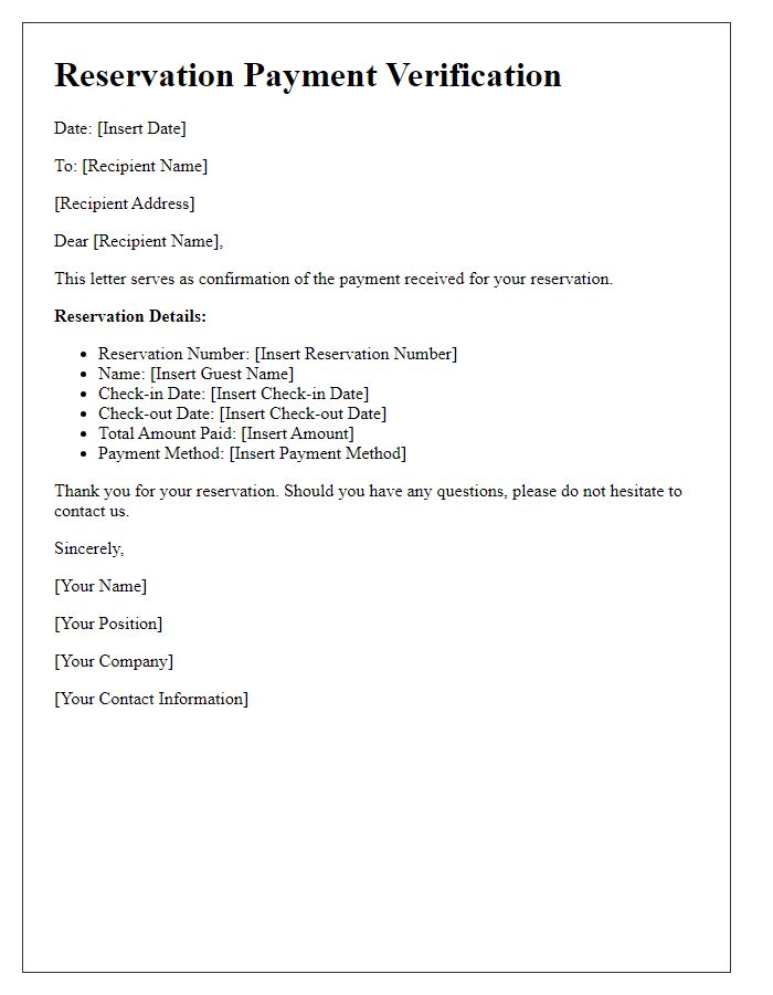 Letter template of verification details for reservation payment