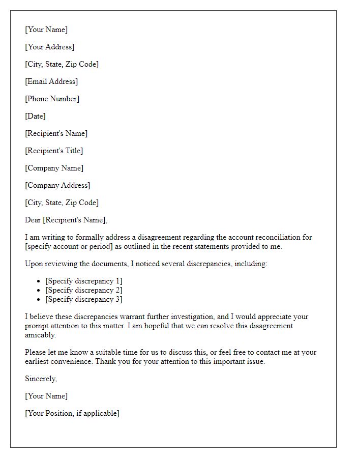 Letter template of account reconciliation disagreement