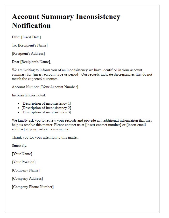 Letter template of account summary inconsistency