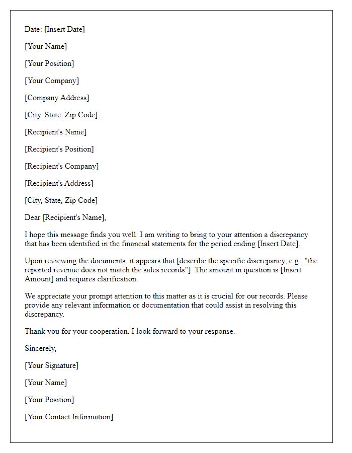 Letter template of financial statement discrepancy