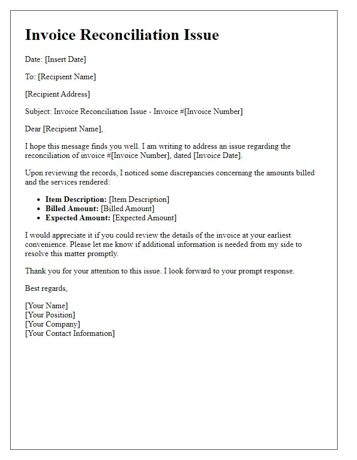 Letter template of invoice reconciliation issue