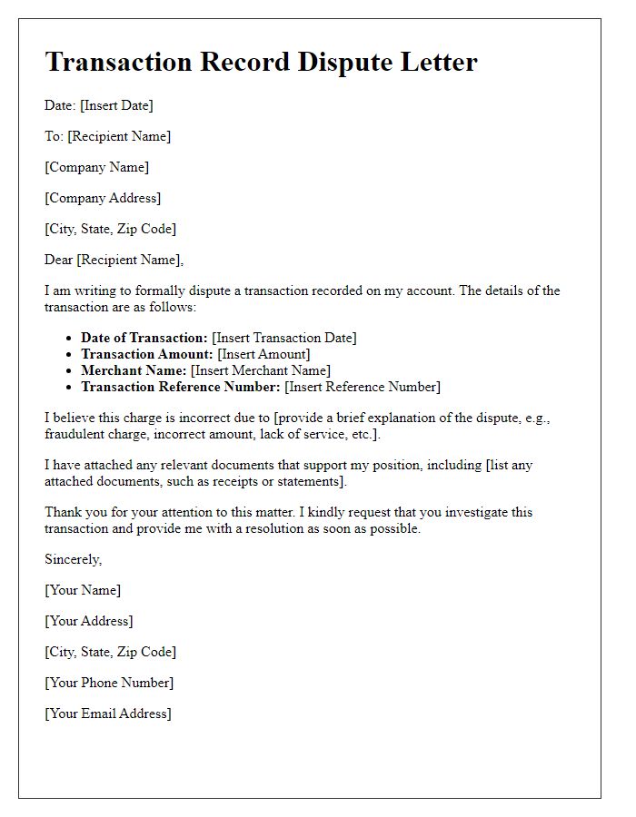 Letter template of transaction record dispute