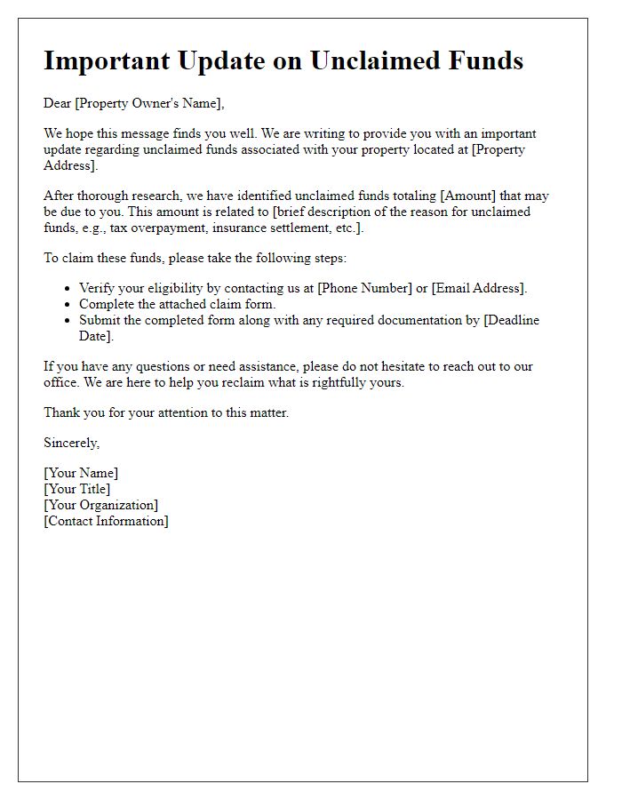 Letter template of unclaimed funds update for property owners