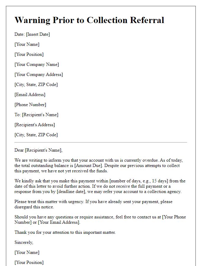Letter template of warning prior to collection referral.
