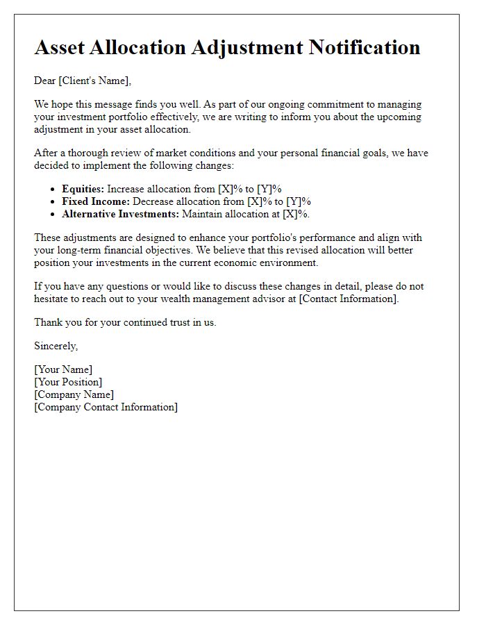 Letter template of asset allocation adjustment for wealth management