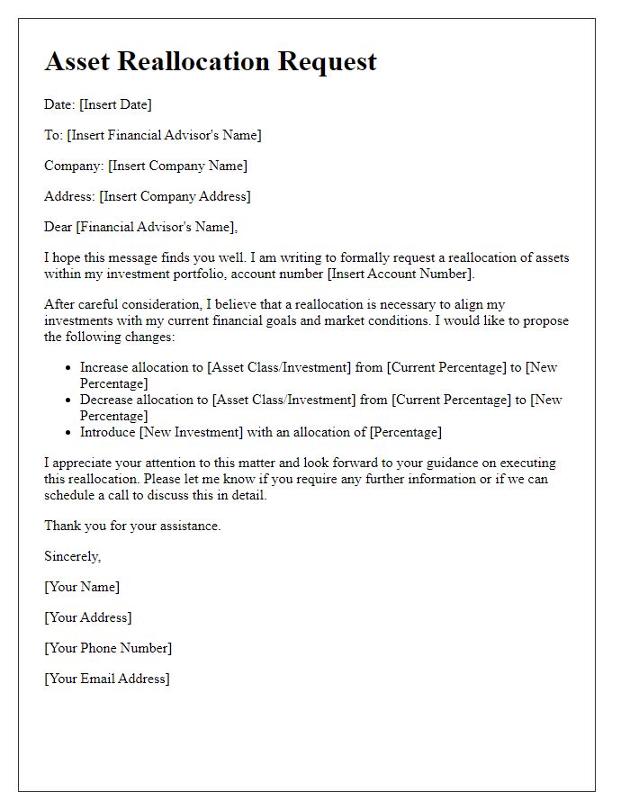 Letter template of asset reallocation request for investment portfolio