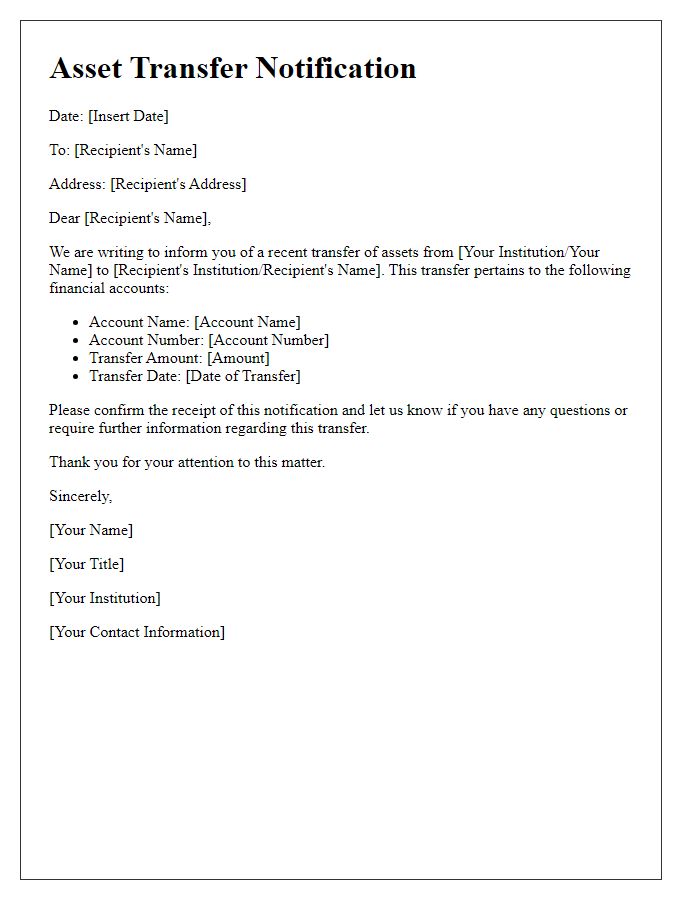 Letter template of asset transfer notification for financial accounts