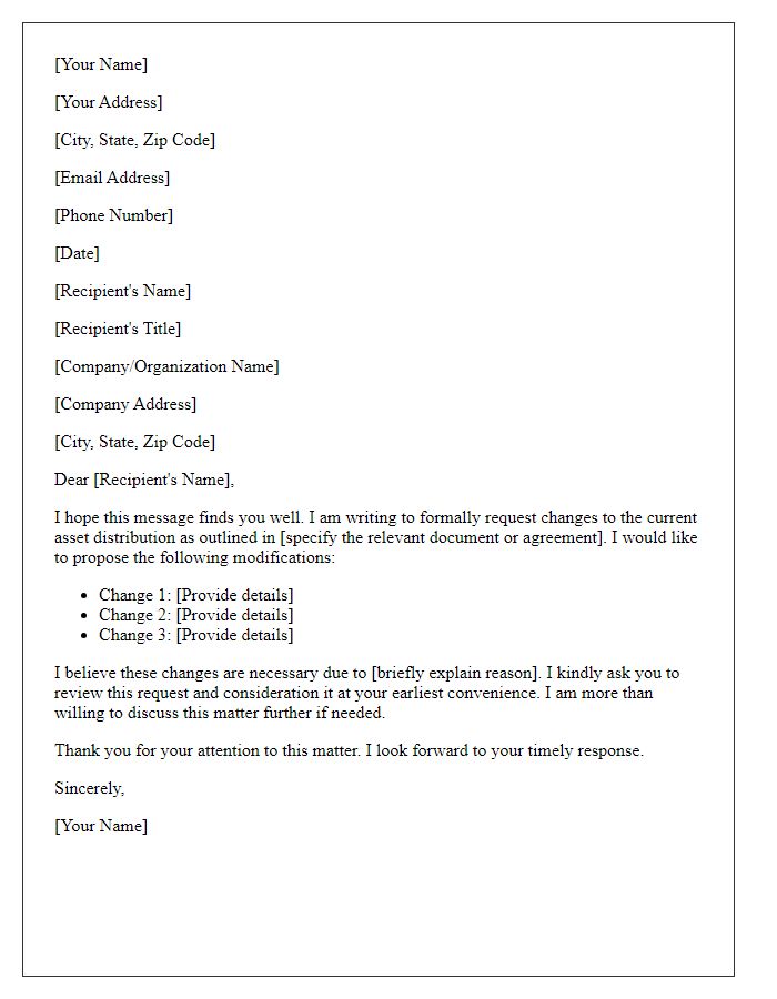 Letter template of request for asset distribution changes