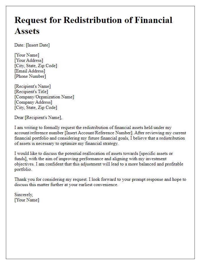 Letter template of request for redistribution of financial assets