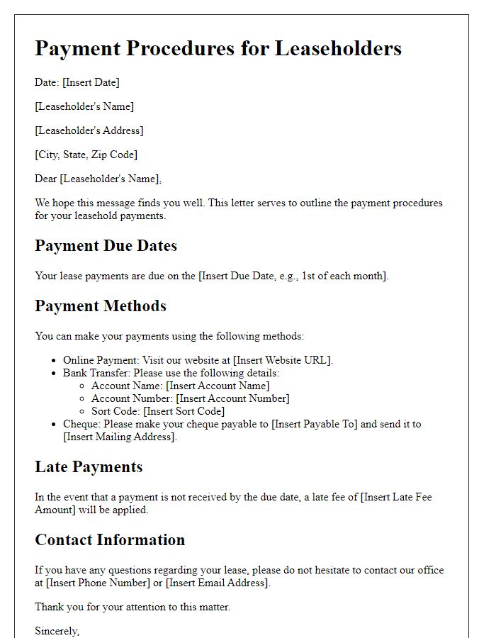 Letter template of payment procedures for leaseholders