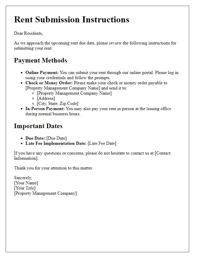 Letter template of rent submission instructions for residents