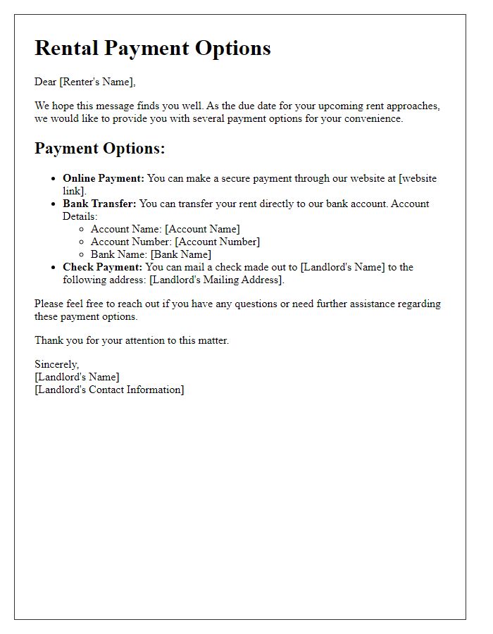 Letter template of rental payment options for renters