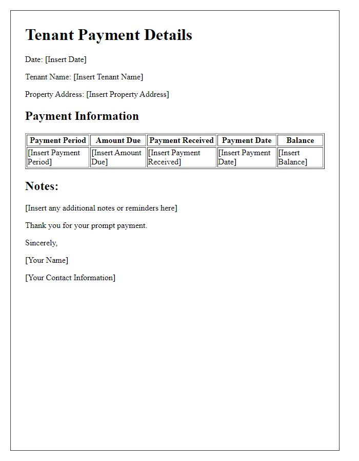 Letter template of tenant payment details for easy reference