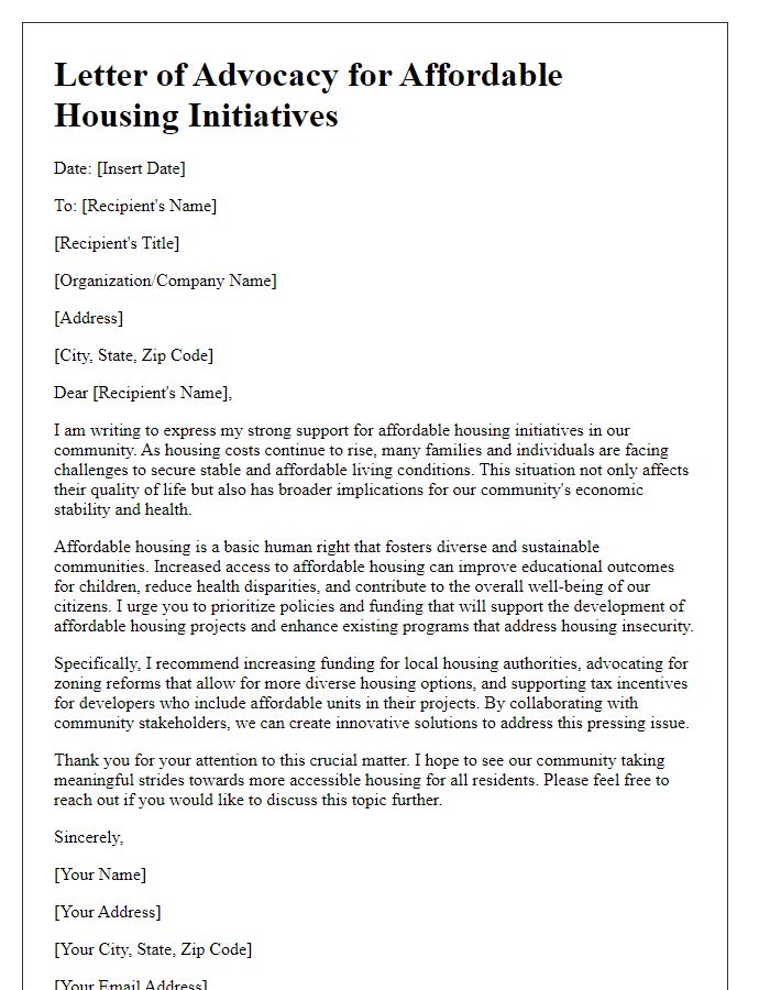 Letter template of advocacy for affordable housing initiatives