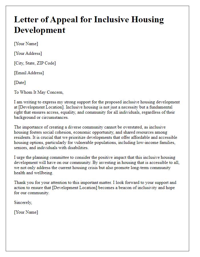 Letter template of appeal for inclusive housing development