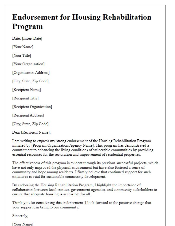 Letter template of endorsement for housing rehabilitation programs