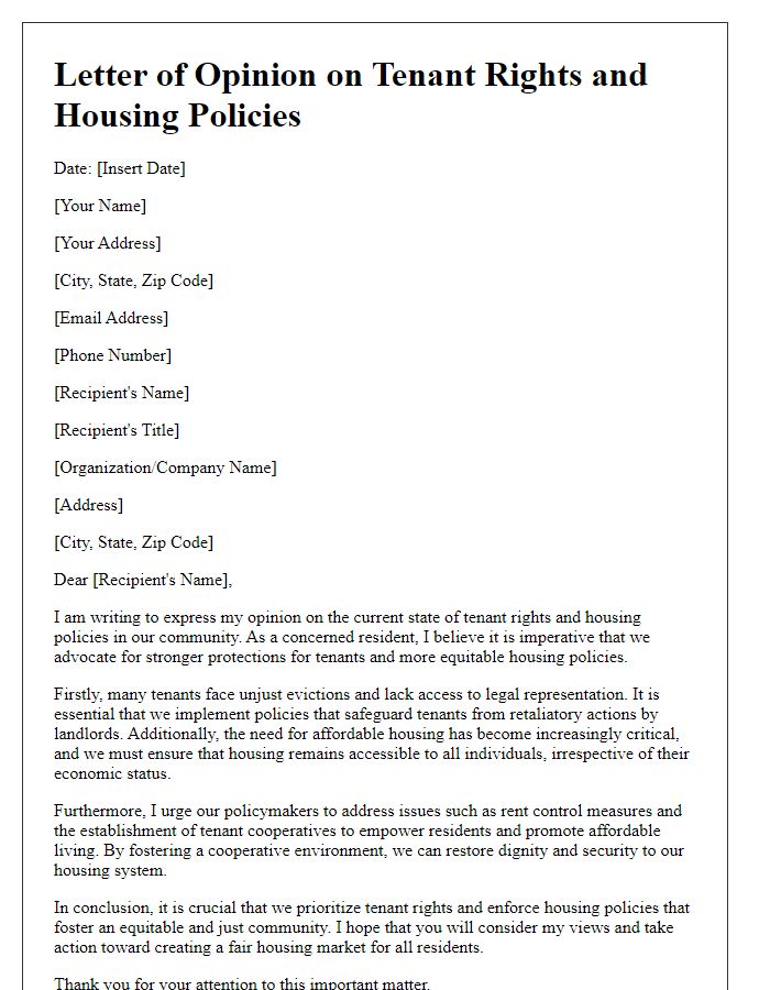 Letter template of opinion on tenant rights and housing policies