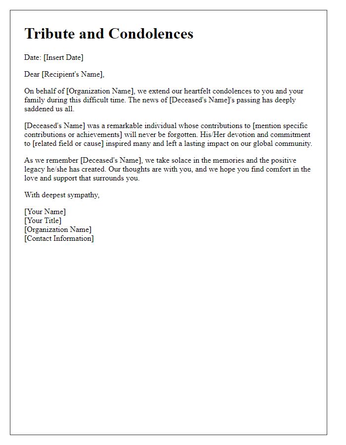 Letter template of tribute and condolences from worldwide organization