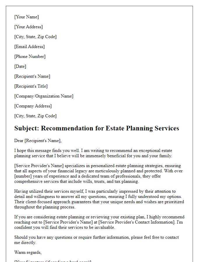 Letter template of estate planning service recommendation