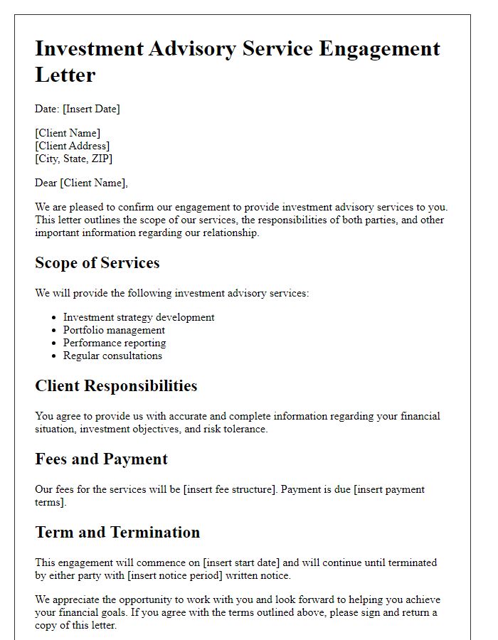 Letter template of investment advisory service engagement