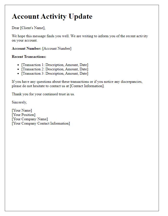 Letter template of account activity update for clients