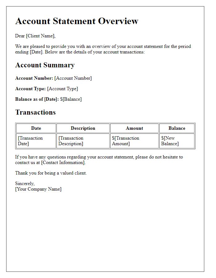 Letter template of account statement overview for clients