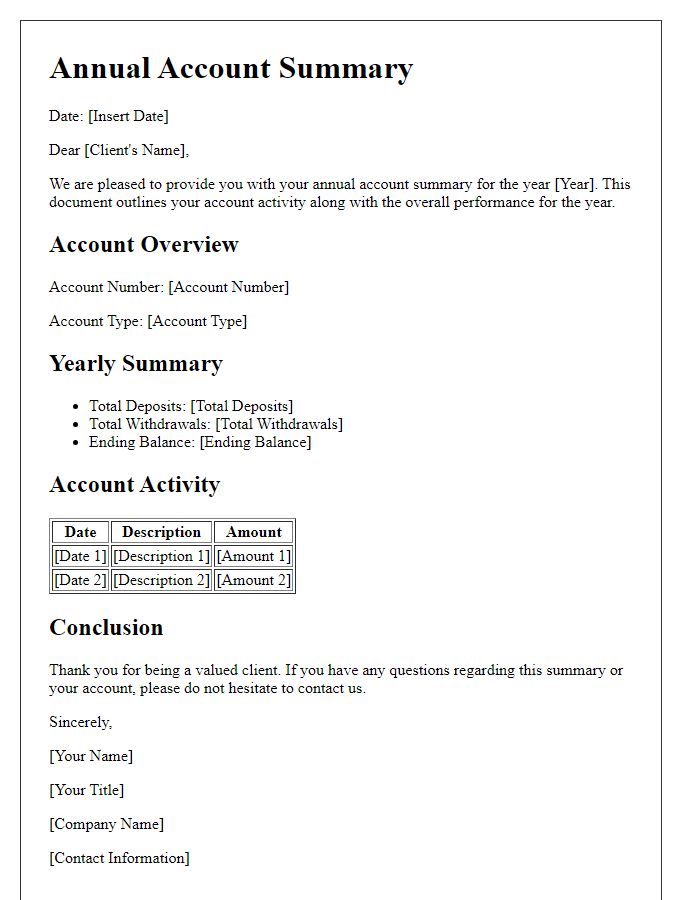 Letter template of annual account summary for clients