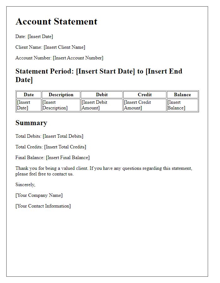 Letter template of customized account statement for clients