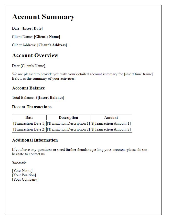 Letter template of detailed account summary for clients